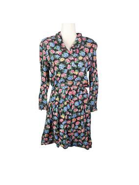Vintage 90s Liz Claiborne Black Multicolor Floral Mini Shirt Dress 8P